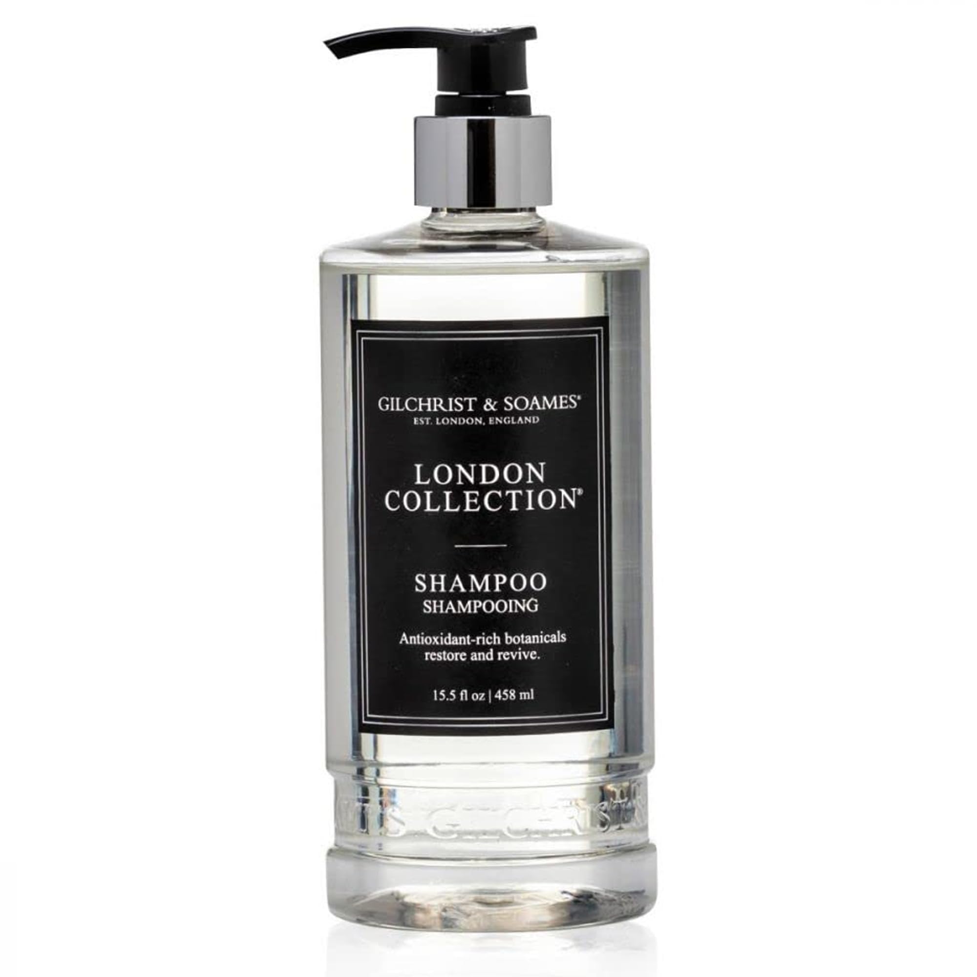La botella frontal de Gilchrist & Soames London Collection Shampoo ofrece limpieza suave para uso diario.