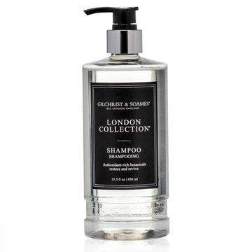 La botella frontal de Gilchrist & Soames London Collection Shampoo ofrece limpieza suave para uso diario.