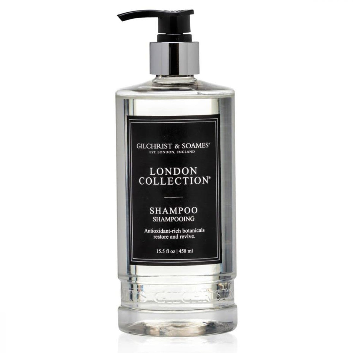 La botella frontal de Gilchrist & Soames London Collection Shampoo ofrece limpieza suave para uso diario.