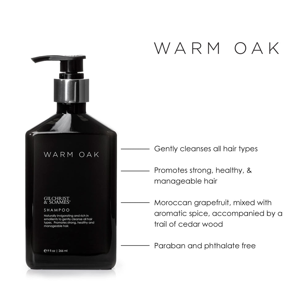 Gilchrist & Soames Warm Oak Shampoo, dosificador para aplicación suave.