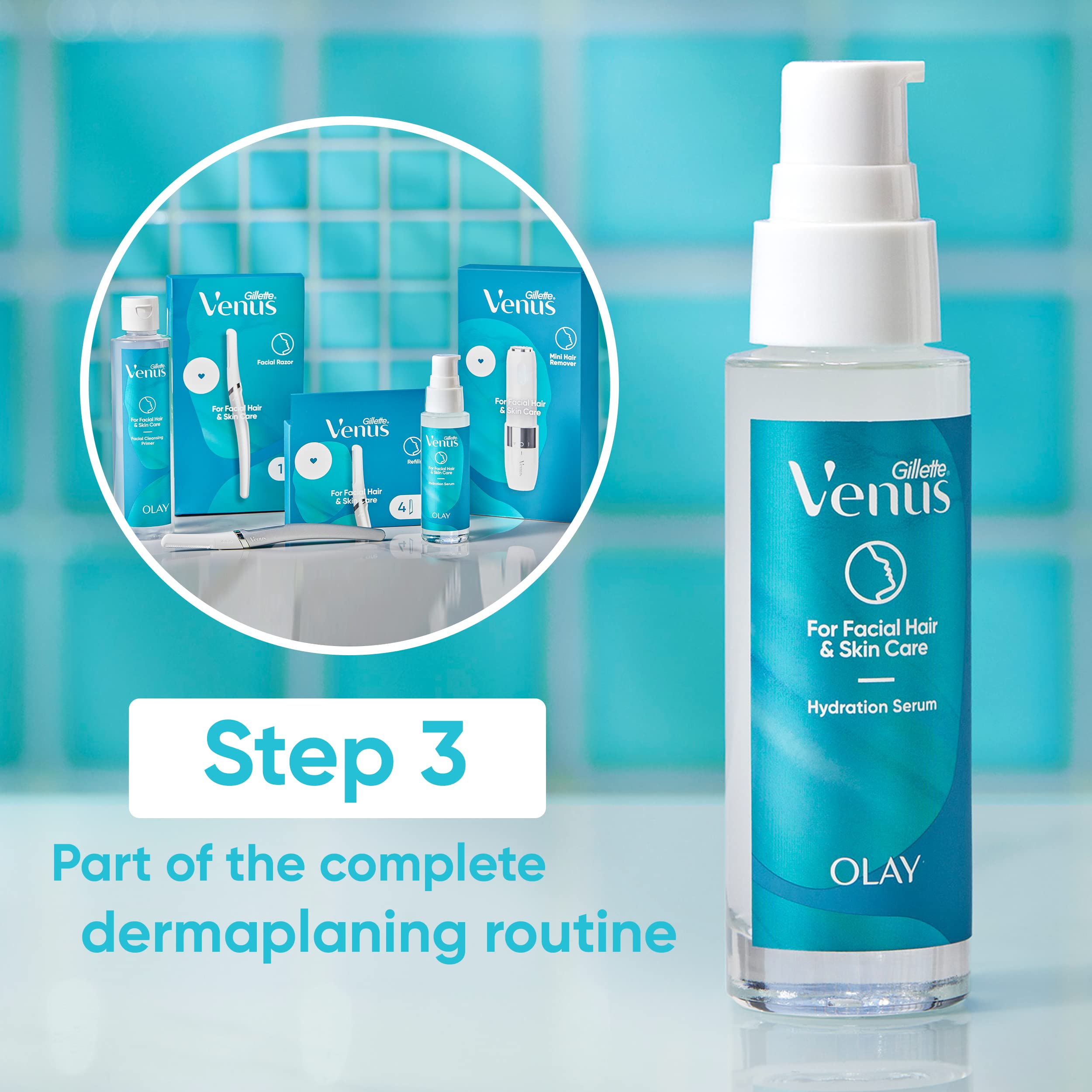 Gillette Venus suero como paso final tras limpieza y dermaplaning para rutina completa.