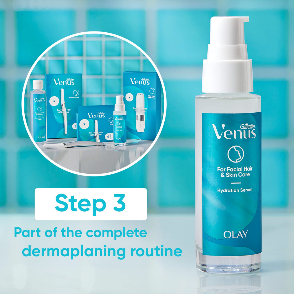 Gillette Venus suero como paso final tras limpieza y dermaplaning para rutina completa.