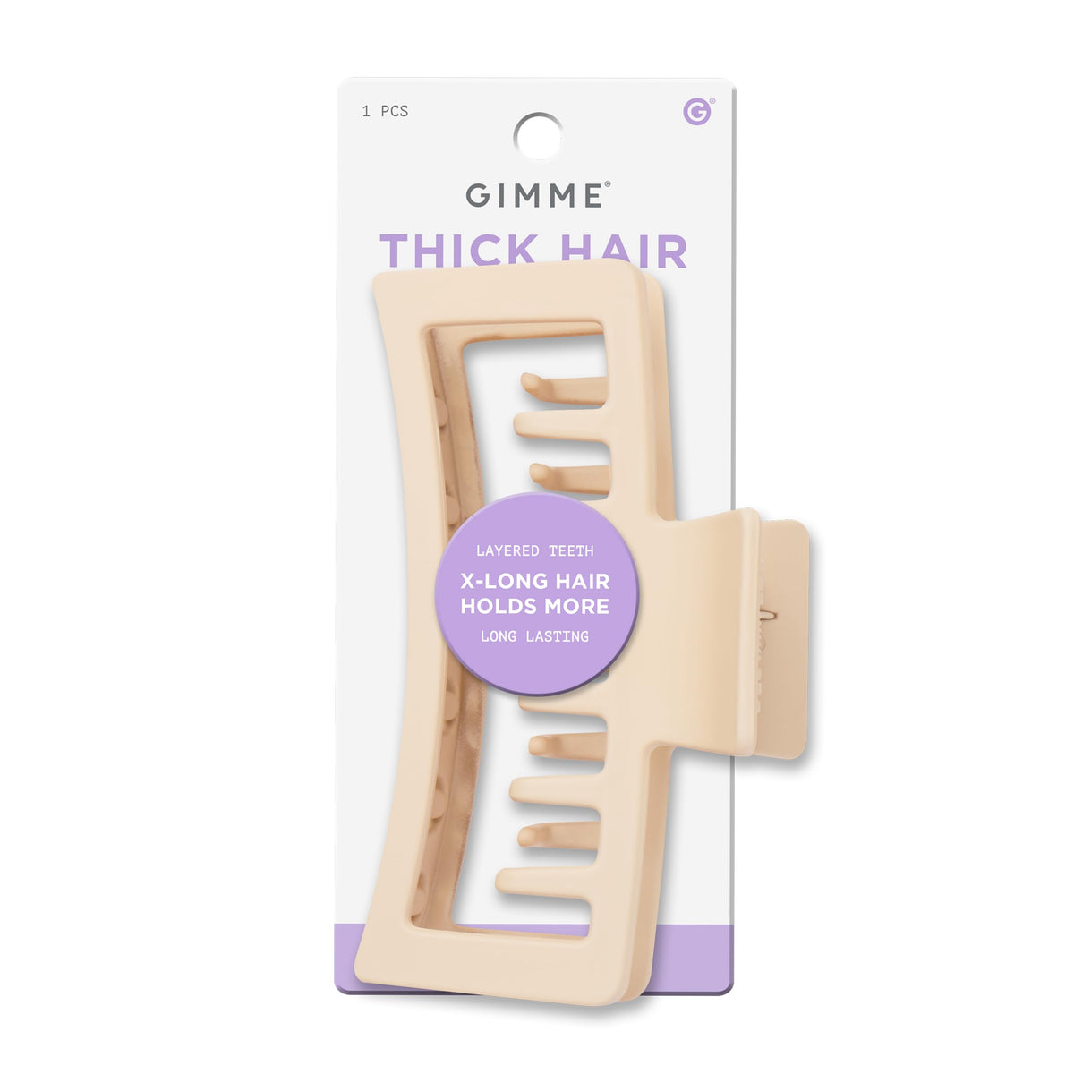 GIMME Beauty XL clip rectangular con dientes dobles ofrece agarre firme para cabello grueso.