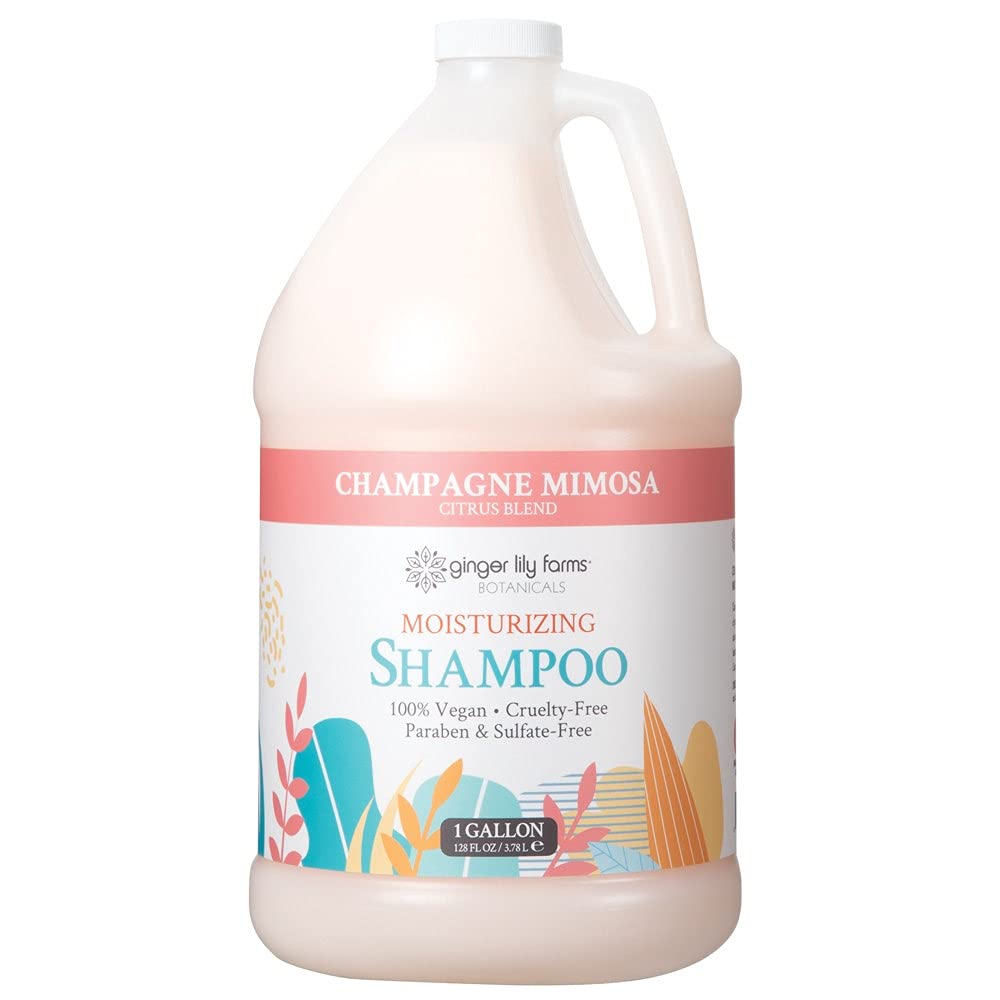 Champú Champagne Mimosa de Ginger Lily Farms en bote de 1 galón, ideal para recargas.