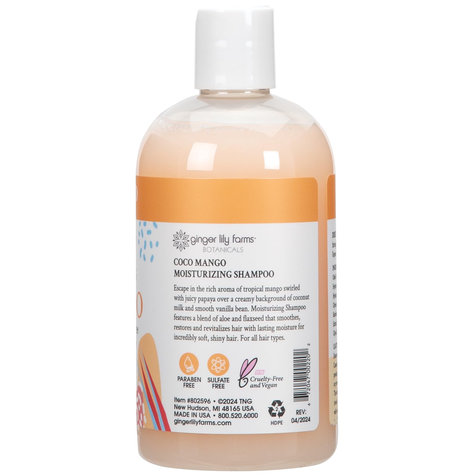 Espuma cremosa del champú Coco Mango cubre el cabello con limpieza suave.