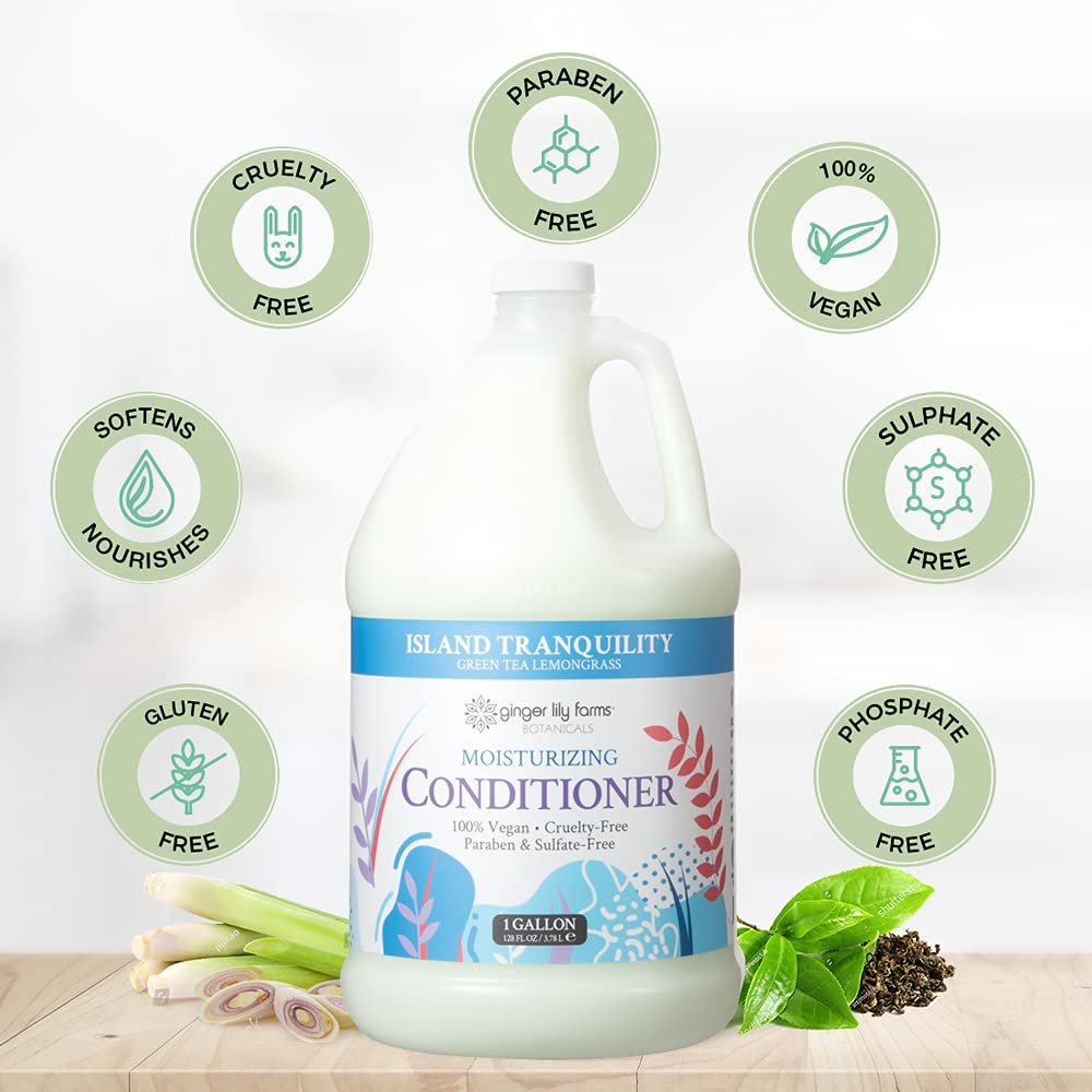 Etiqueta del acondicionador Ginger Lily Farms Island Tranquility con marca y beneficios claros.