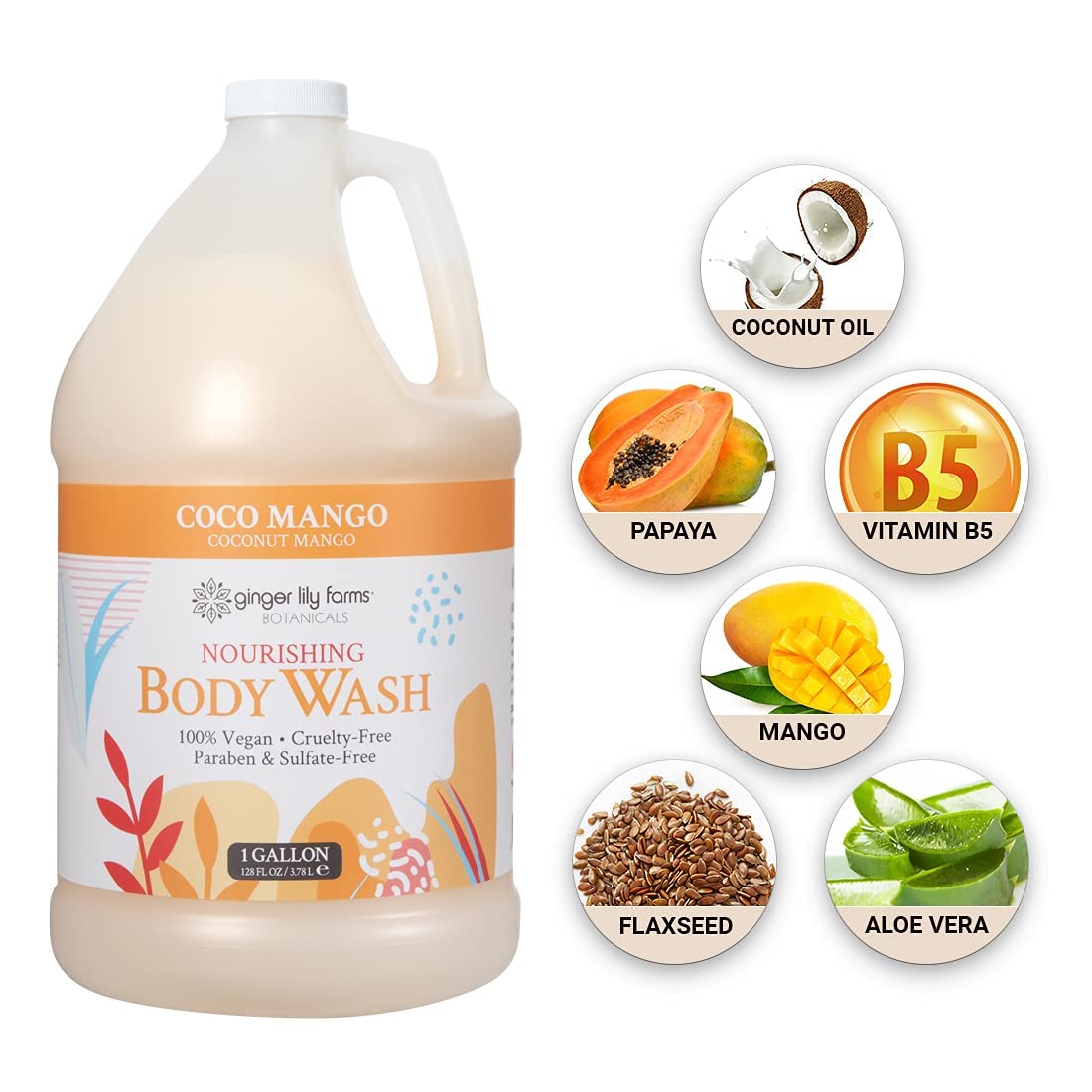 Ginger Lily Farms Coco Mango ingredients panel with aloe and vitamin B5.