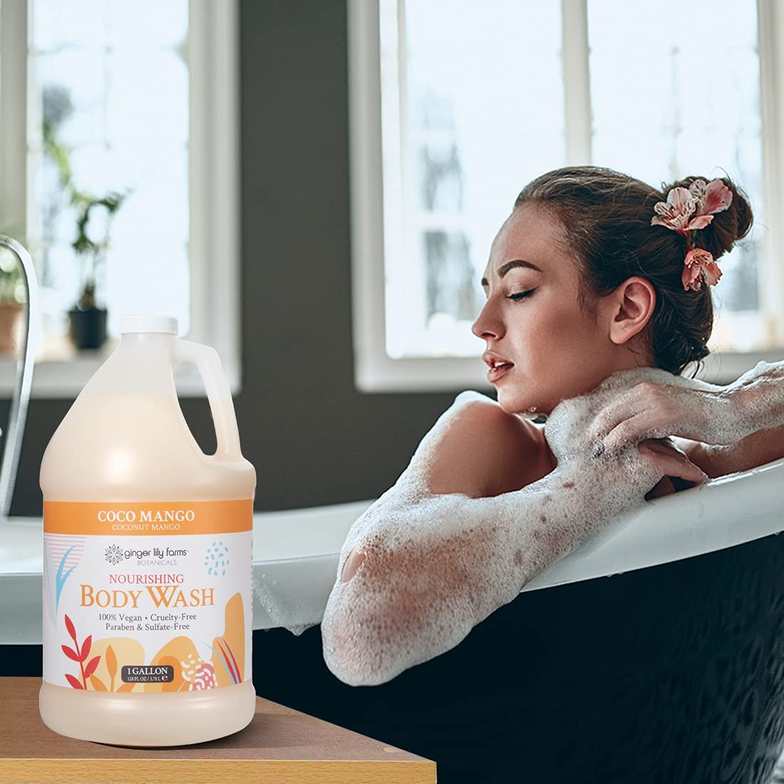 Ginger Lily Farms Coco Mango spa-scene, luxurious shower setup.
