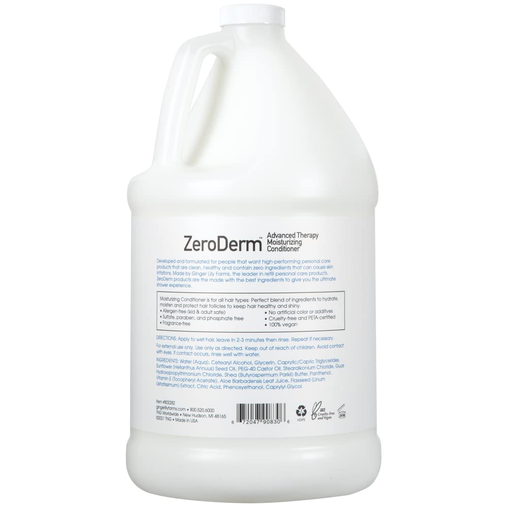 Ginger Lily Farms ZeroDerm acondicionador sin fragancia: etiqueta muestra fórmula suave para piel sensible
