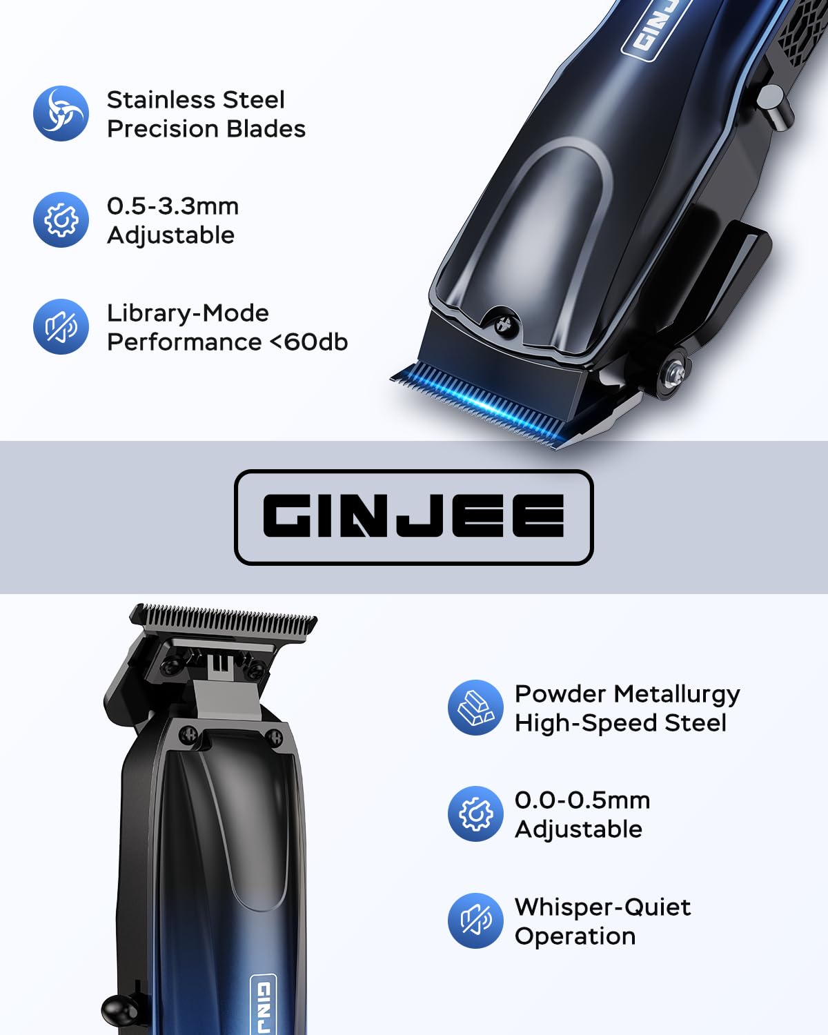 GinJee Tondeuse Pro, tête lame ajustable pour longueurs personnalisées.