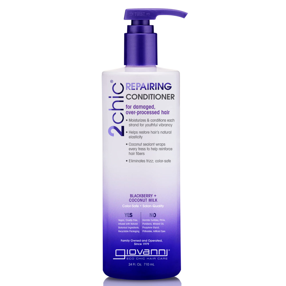 Acondicionador Giovanni 2chic en botella, reparación profunda para cabello dañado.