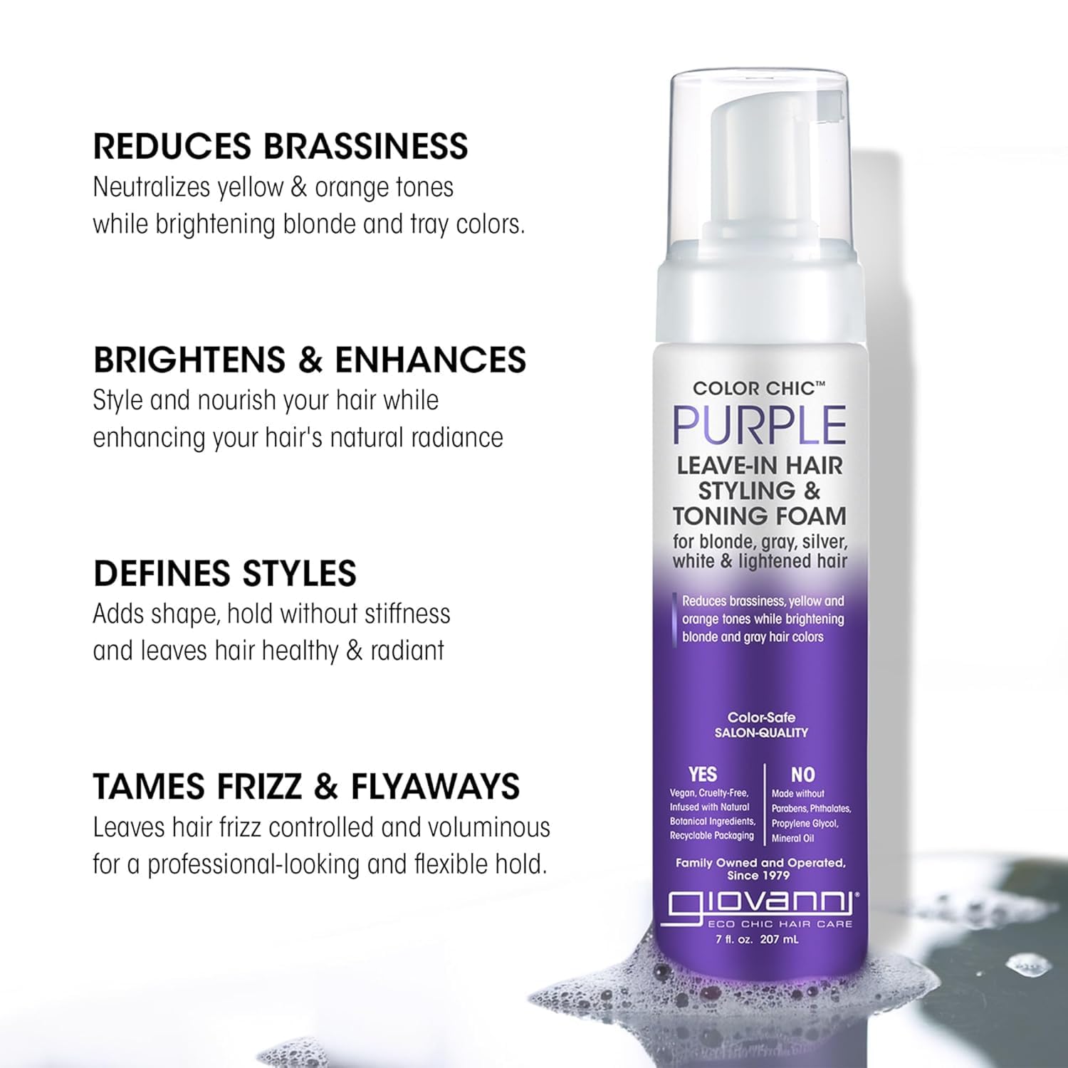Giovanni Color Chic Purple leave-in foam bottle back highlighting lightweight formula