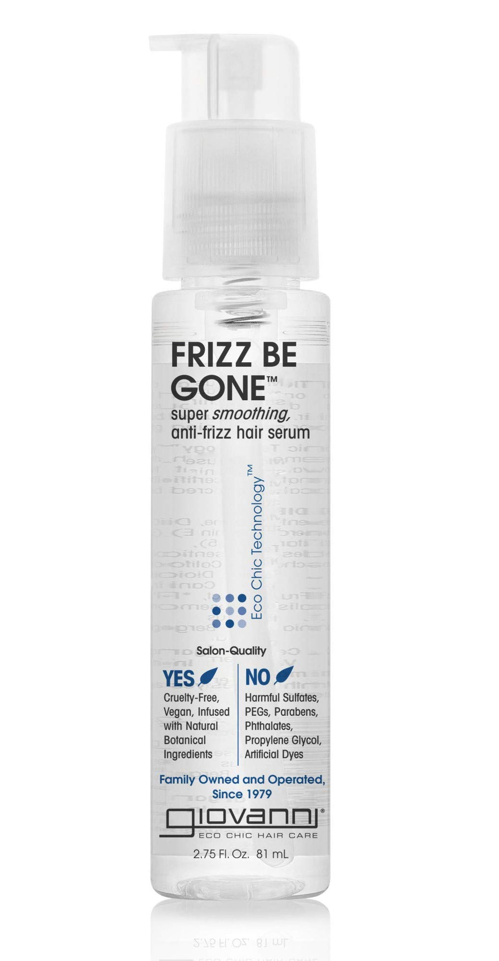 Botella de GIOVANNI Eco Chic Frizz Be Gone: control del frizz y brillo.