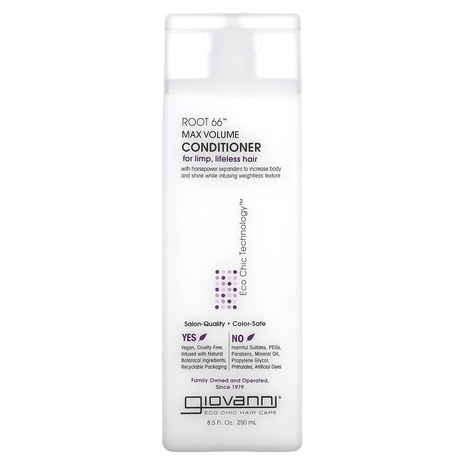 Giovanni Root 66 Max Volume Conditioner botella, enfoque en volumen y cuidado suave para cabello dañado.
