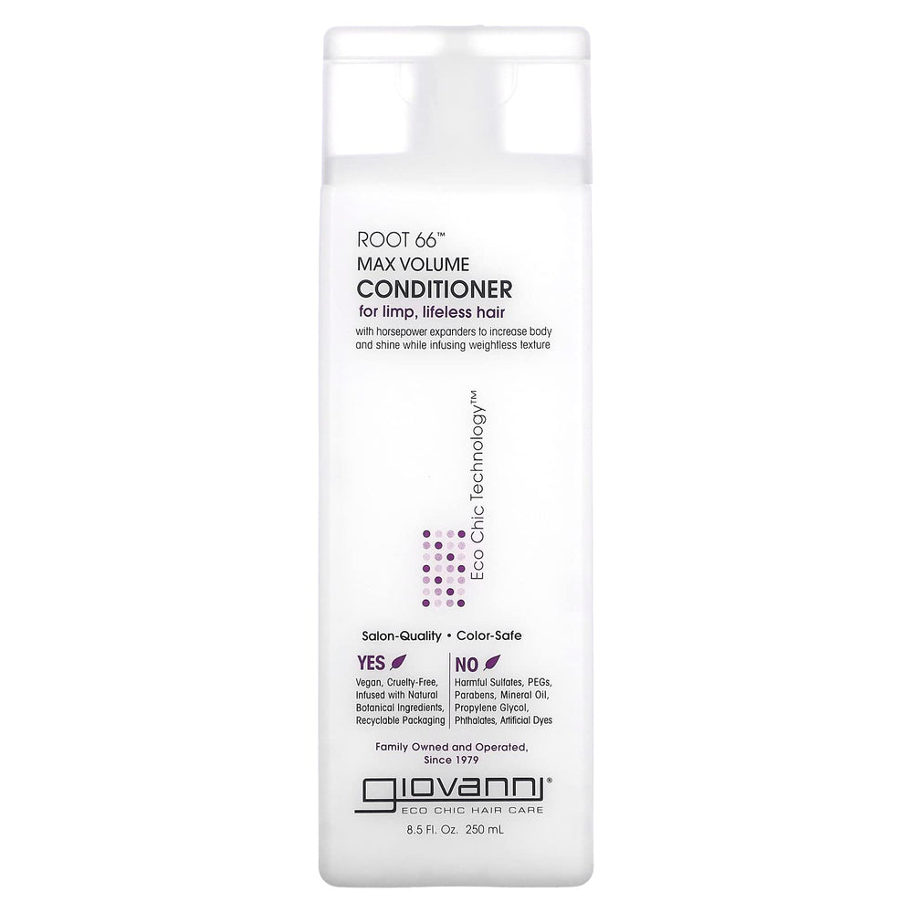 Giovanni Root 66 Max Volume Conditioner botella, enfoque en volumen y cuidado suave para cabello dañado.