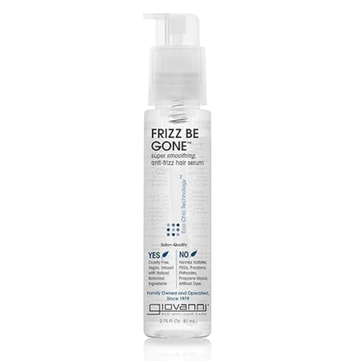 Giovanni suero anti-encrespamiento en botella, controla el frizz y aporta brillo.