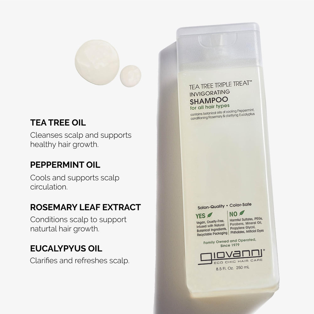 Giovanni Tea Tree Triple Treat Shampoo, aroma mentolado, revitaliza el cuero cabelludo durante la limpieza.
