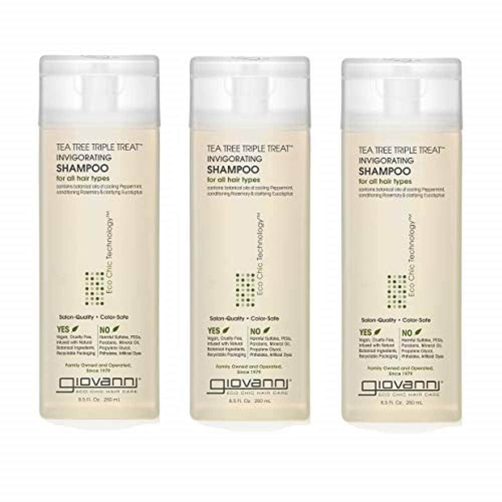 Shampooing GIOVANNI Tea Tree Triple Treat, bouteille rafraîchissante pour revitaliser cuir chevelu et cheveux.
