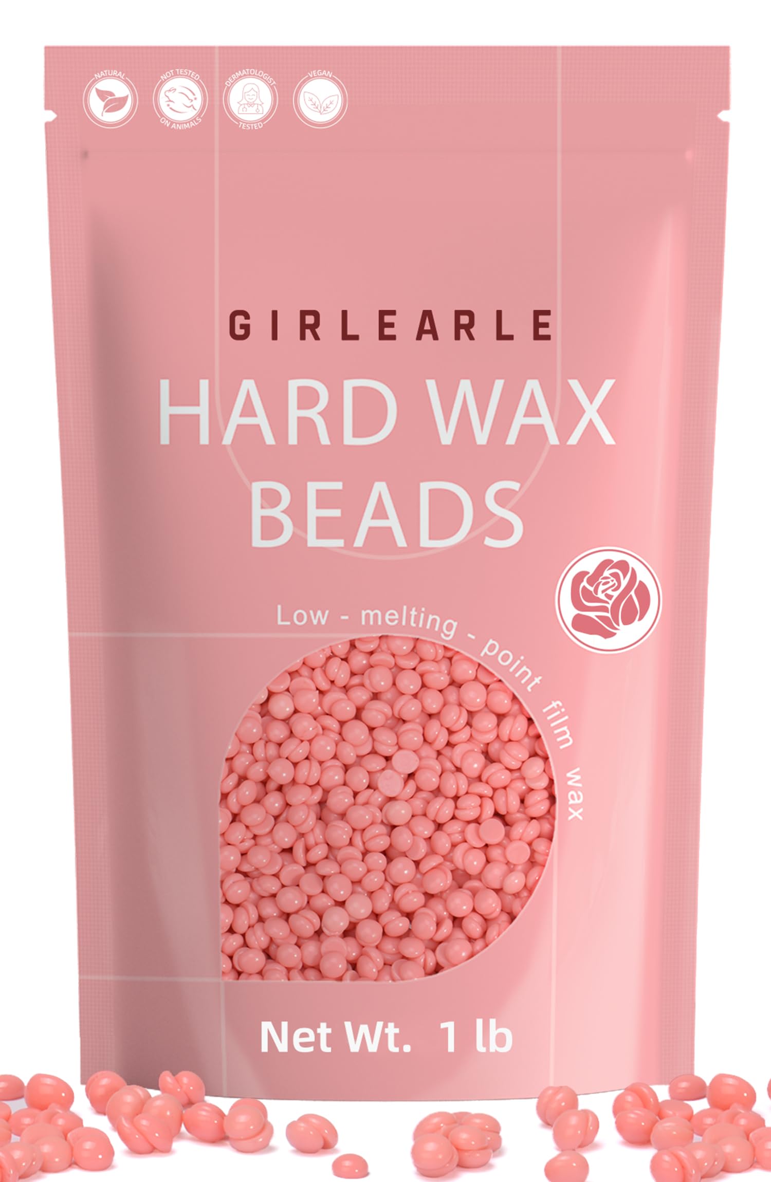 GIRLEARLE hard wax beads with rose formula in a bag for sensitive skin.