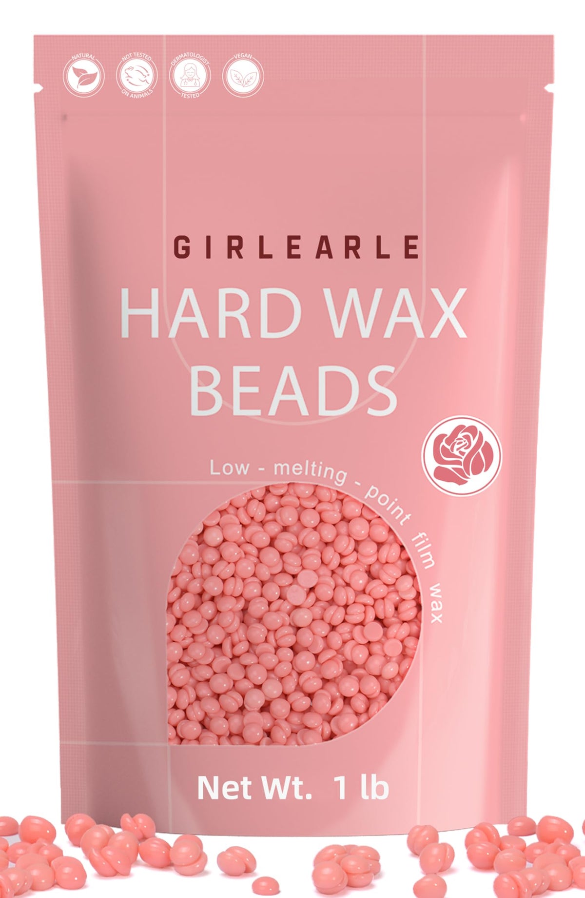 GIRLEARLE hard wax beads with rose formula in a bag for sensitive skin.
