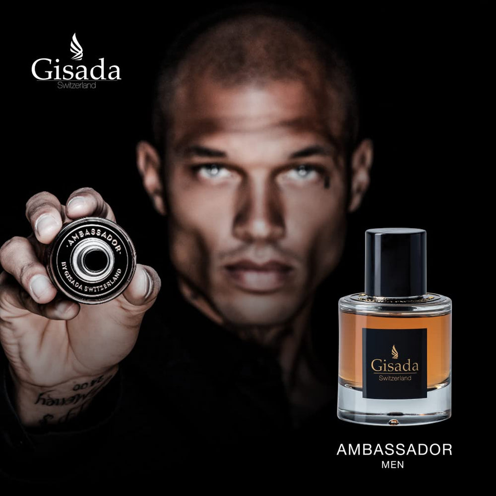 Gisada Ambassador Men, etiqueta frontal que refuerza la imagen de marca y calidad.