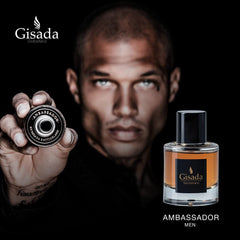 Gisada Ambassador Men, etiqueta frontal que refuerza la imagen de marca y calidad.