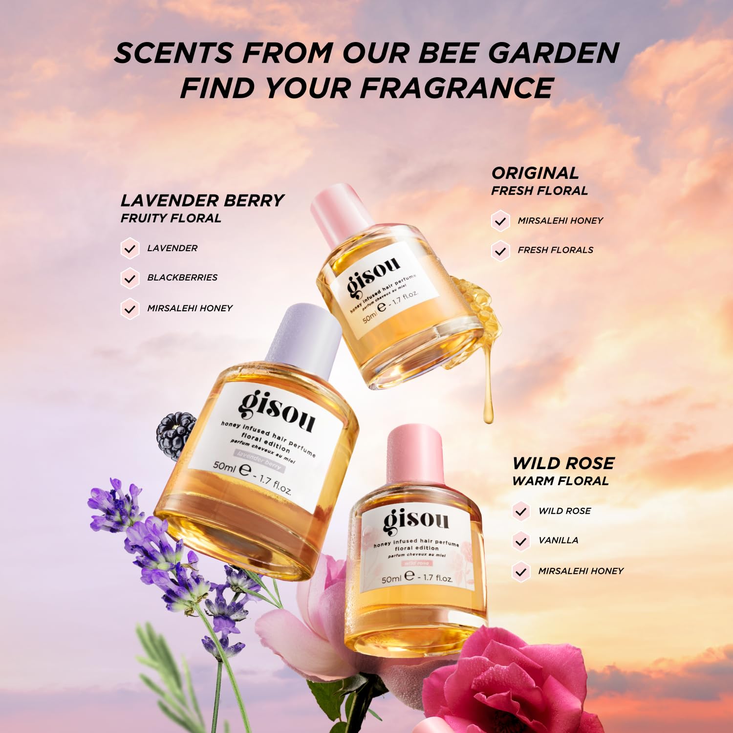 Gisou aplicación perfume cabello miel, pulverización precisa para uso puntual.