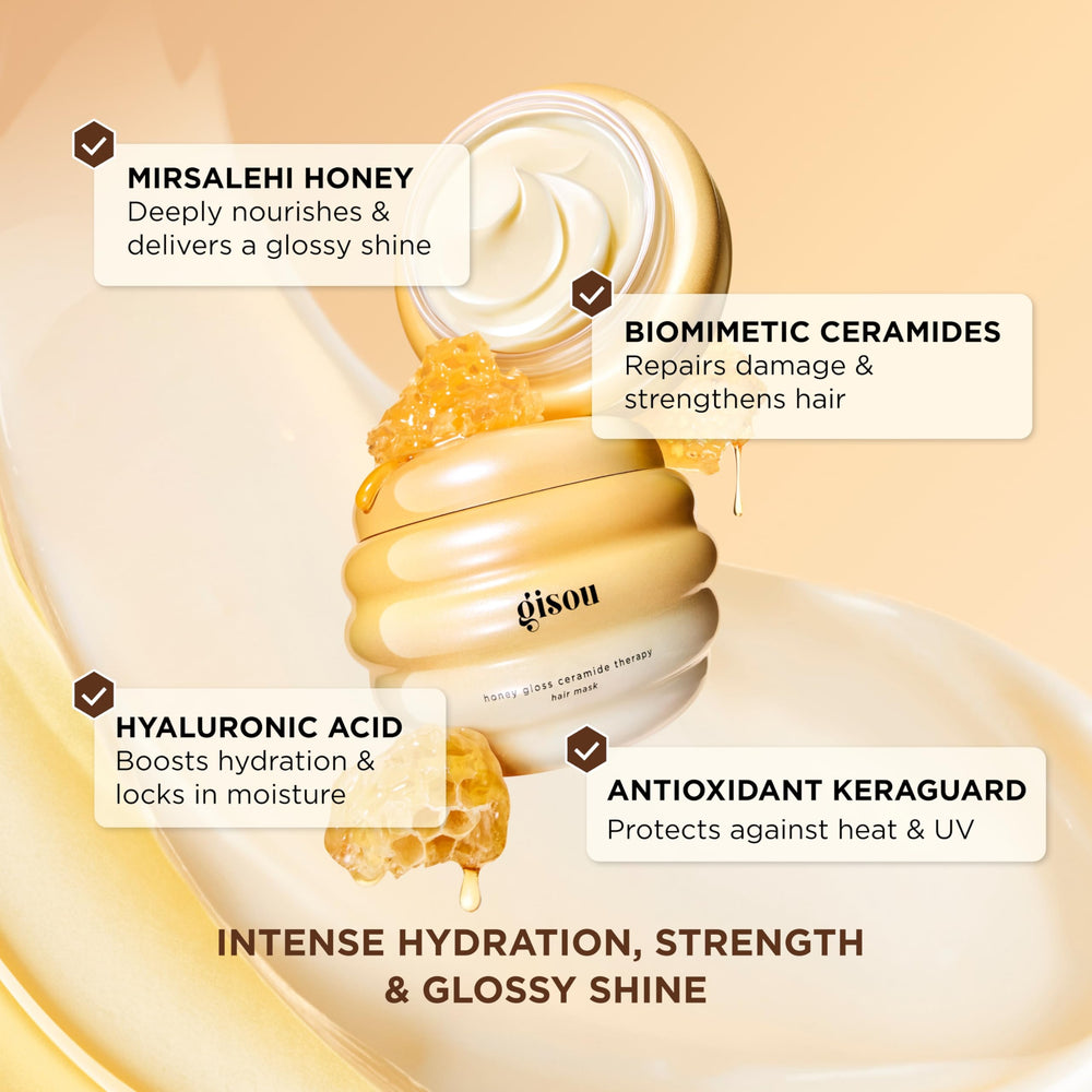 Gisou Honey Gloss Ceramide Therapy Mask Mini, tratamiento nocturno para cabello suave.