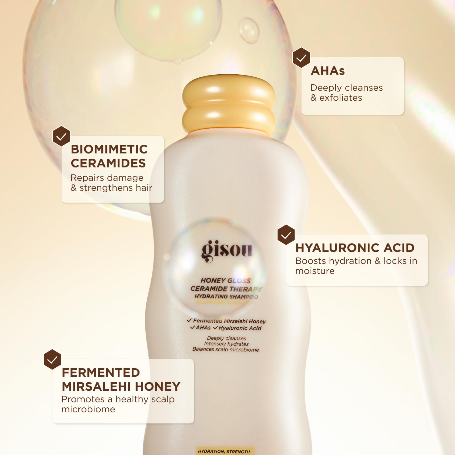 Gisou Honey Gloss Ceramide Therapy Champú: textura cremosa y apariencia suave