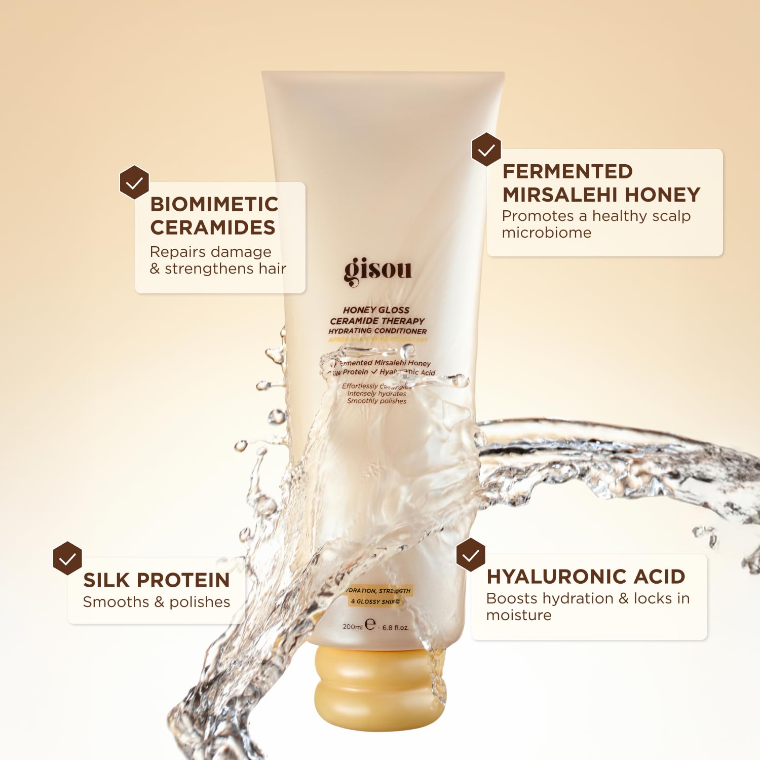 Gisou Honey Gloss Ceramide Therapy après-shampoing - Texture crémeuse facilitant le démêlage sans casse.