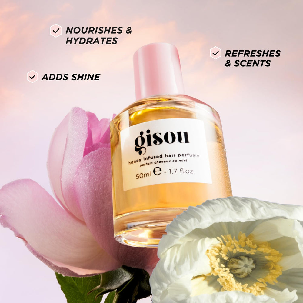 Gisou miel infundida cabello perfume, efecto brillo suave y fragancia ligera.
