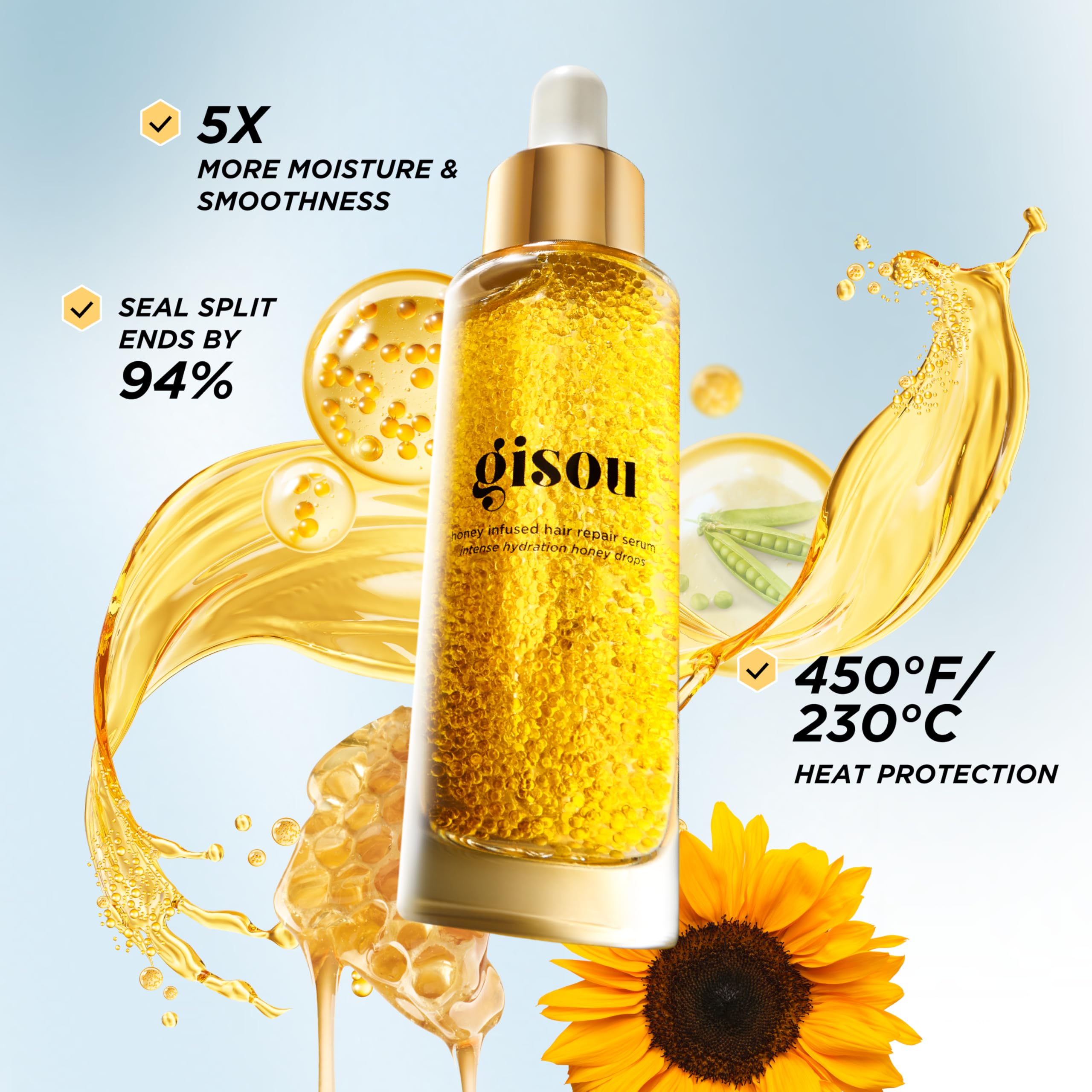 Gisou suero reparador, textura cremosa de miel para cabello suave.