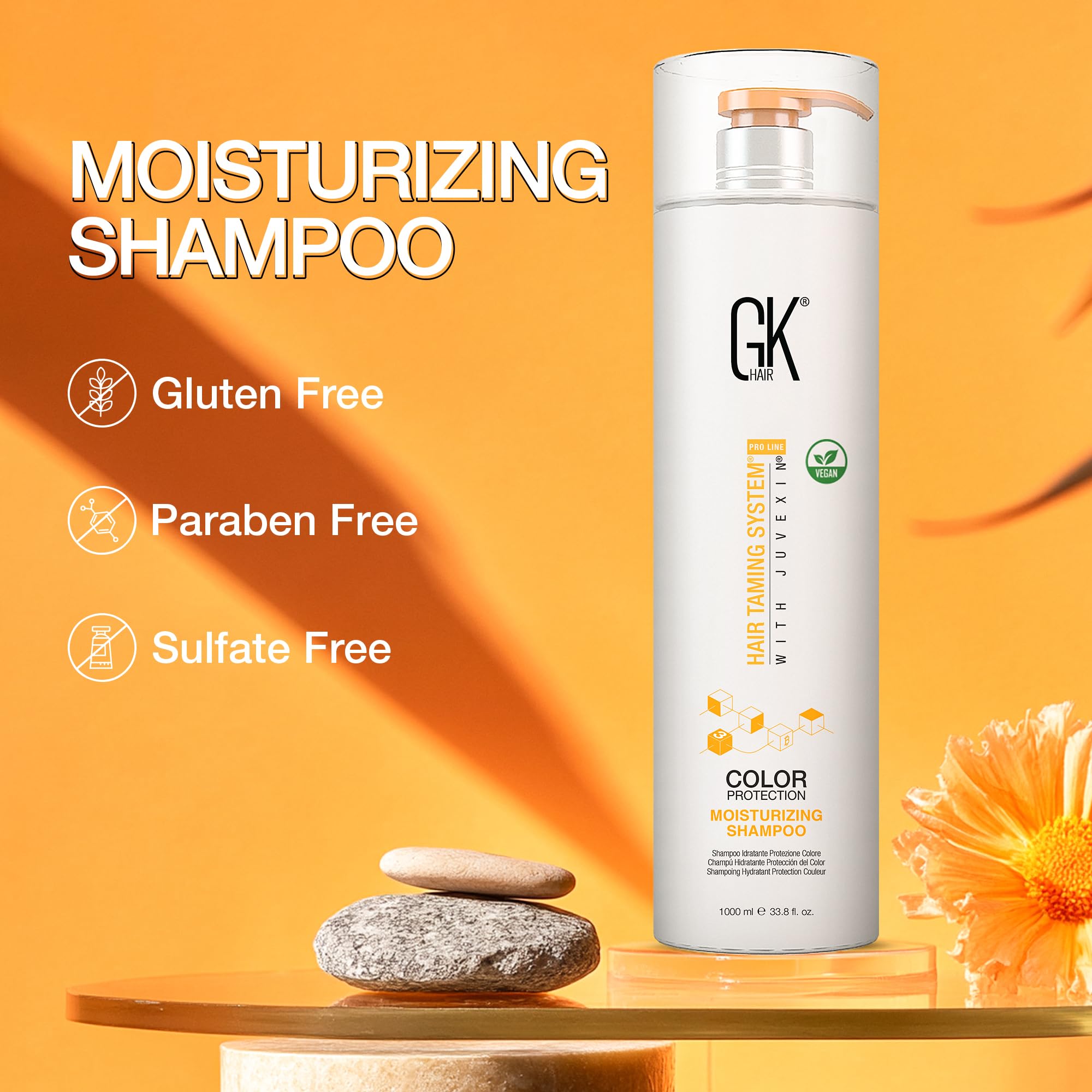 GK HAIR, botella de champú protege color para cabello teñido.