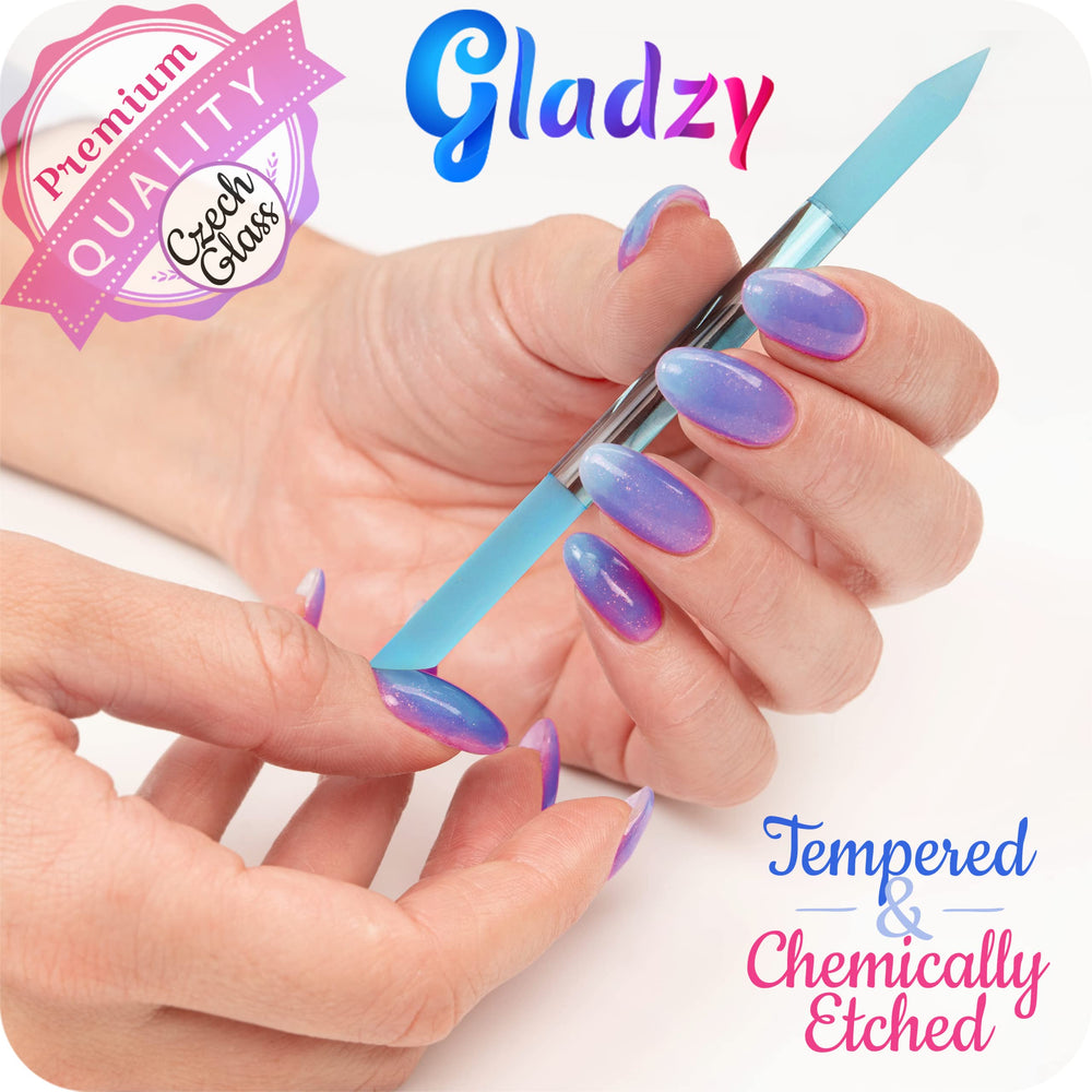 GLADZY empujador cutículas cristal, funda de transporte incluida para viajar.