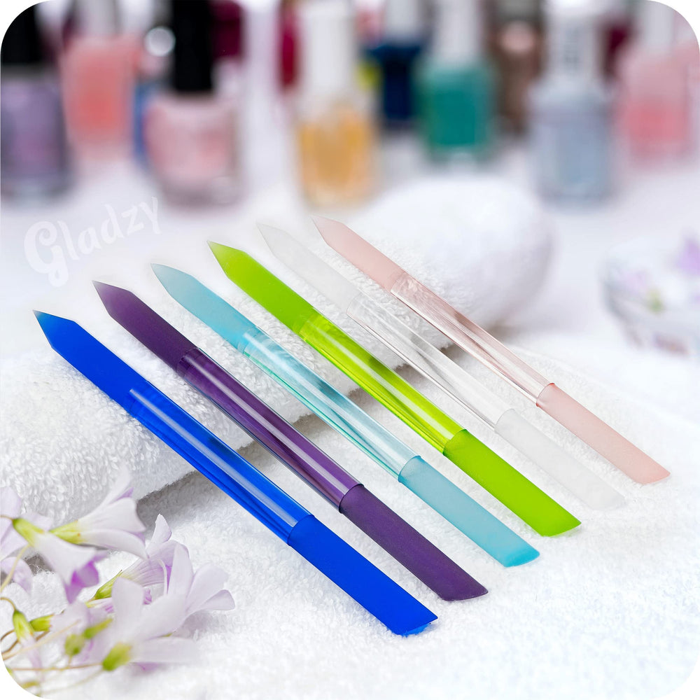 GLADZY empujador cutículas cristal, grabado dual en ambas caras para lijado duradero.