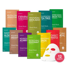 GLAM UP: pack de 12 mascarillas faciales coreanas para hidratación y brillo natural.