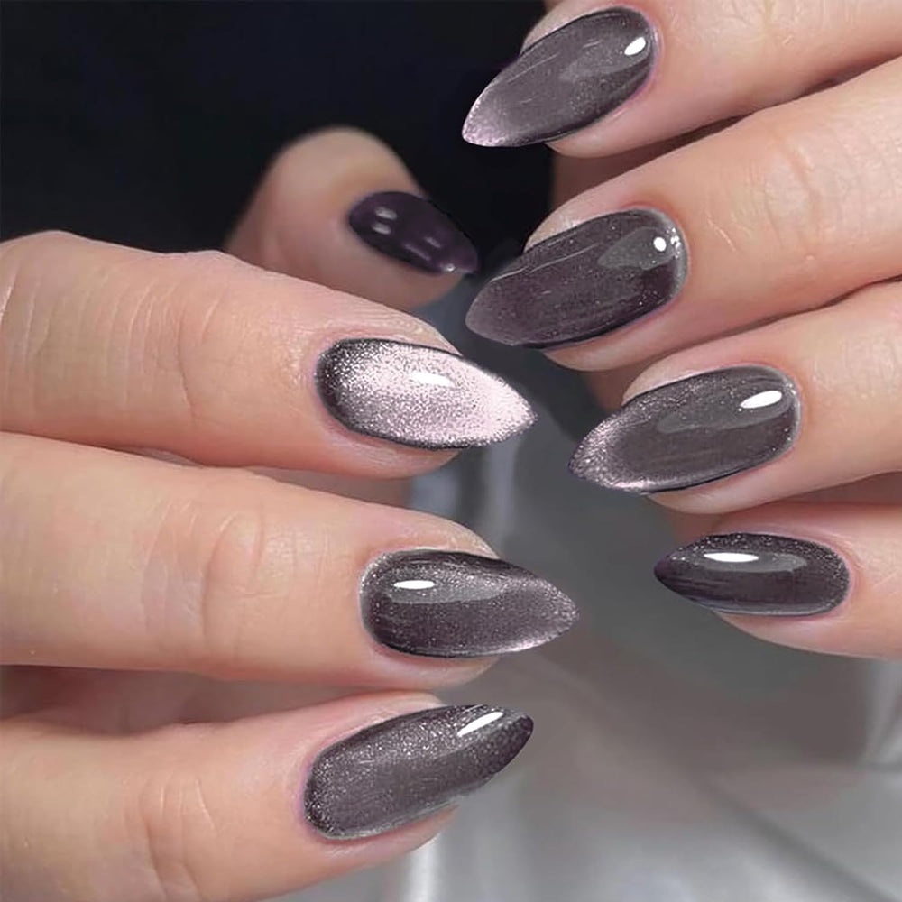 GLAMERMAID ojos de gato púrpura oscuro: uñas prensadas cortas con efecto imantado.