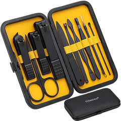Glamne juego de manicura 10 en 1 con estuche amarillo, práctico para viaje.