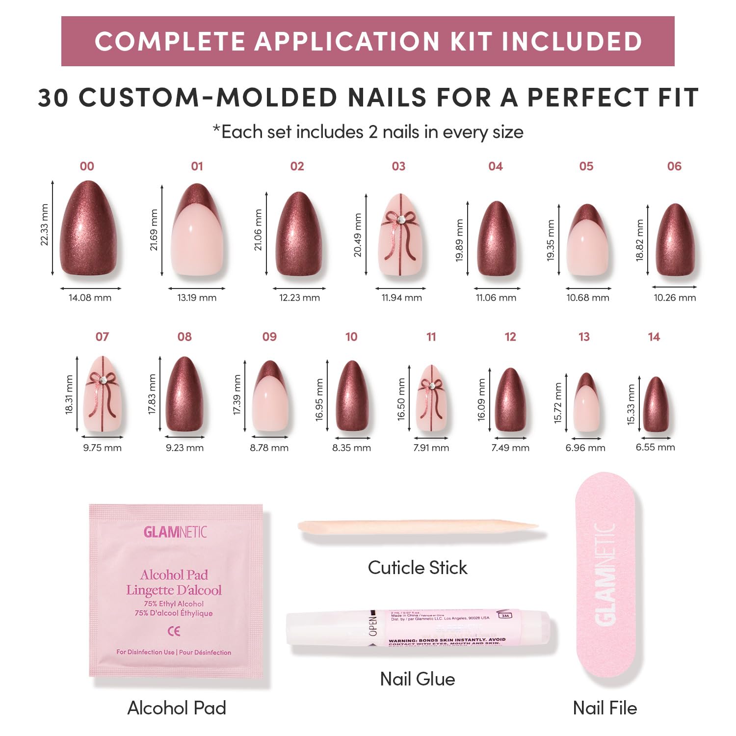 Glamnetic Uñas 30 piezas en 15 tallas para ajuste personalizado.