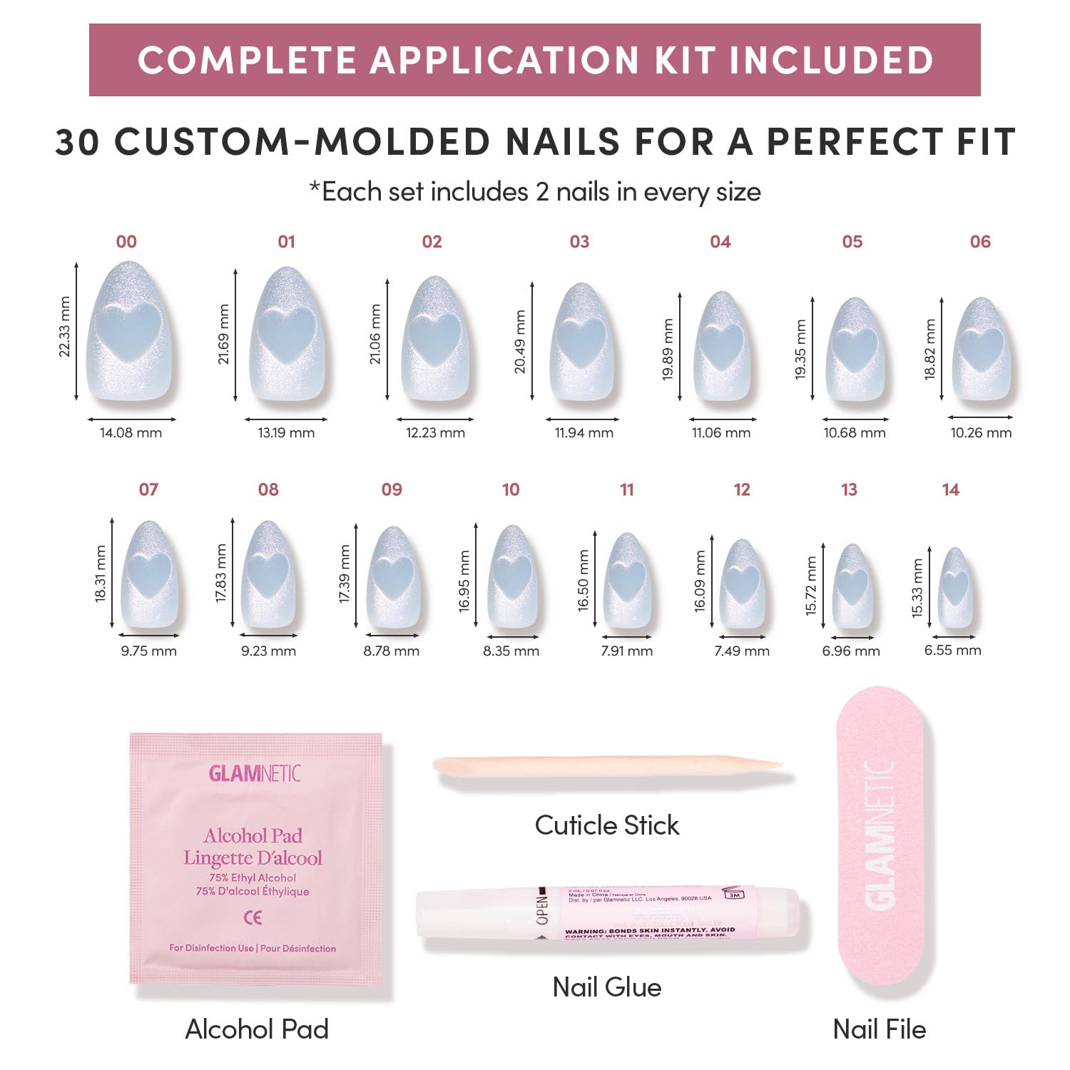 Glamnetic accesorios incluidos: pegamento, lima, palito y alcohol para una aplicación completa