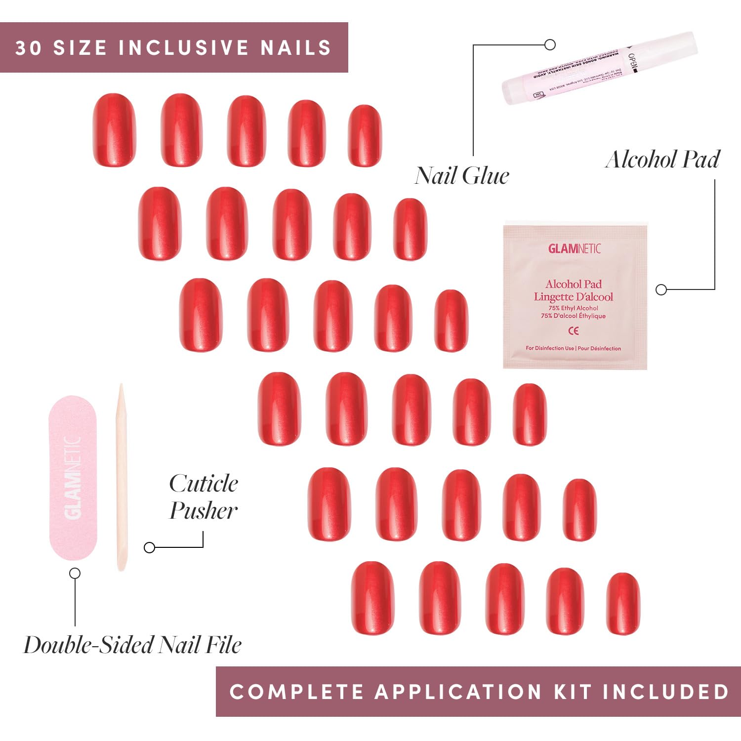 Glamnetic Cherry Glaze: incluye pegamento y lima para una aplicación limpia.