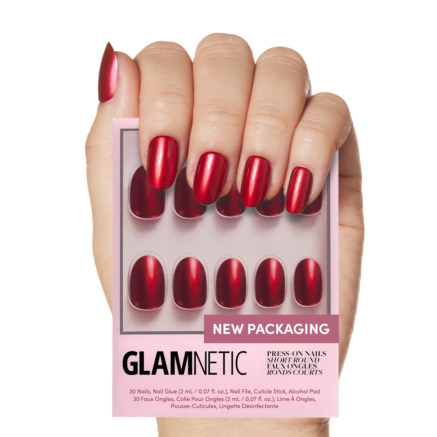 Glamnetic Cherry Glaze: caja de empaque elegante para almacenamiento práctico de uñas postizas.