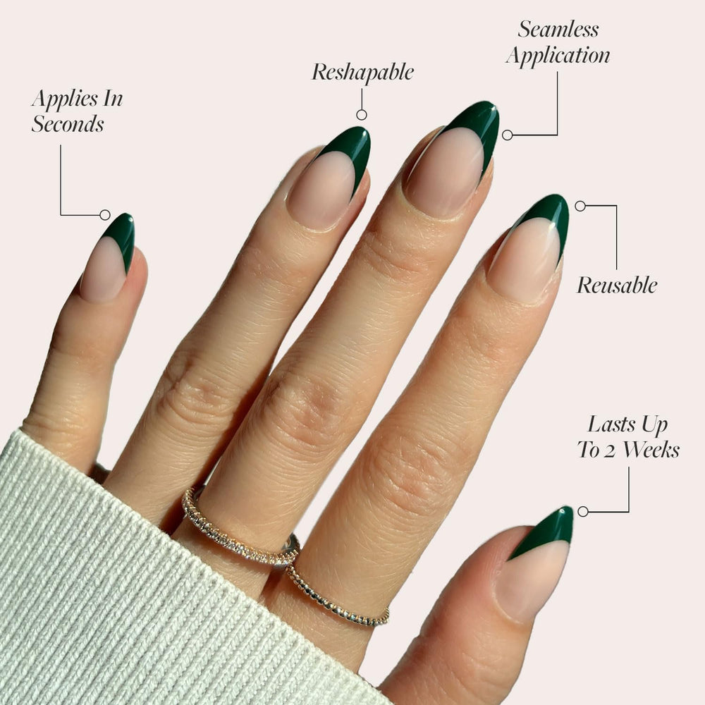 Glamnetic Château: punta francesa verde oscura semi-transparente para looks sofisticados.