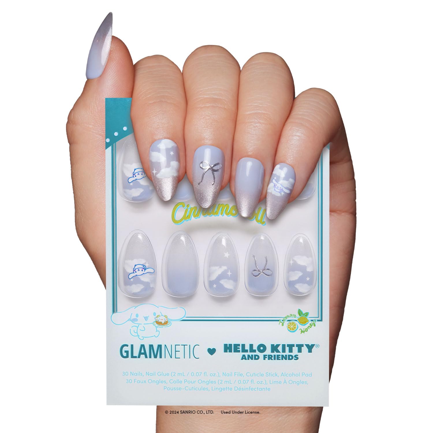 Glamnetic Cinnamoroll Cloud nails with pale blue velvet finish for long-lasting chic wear.