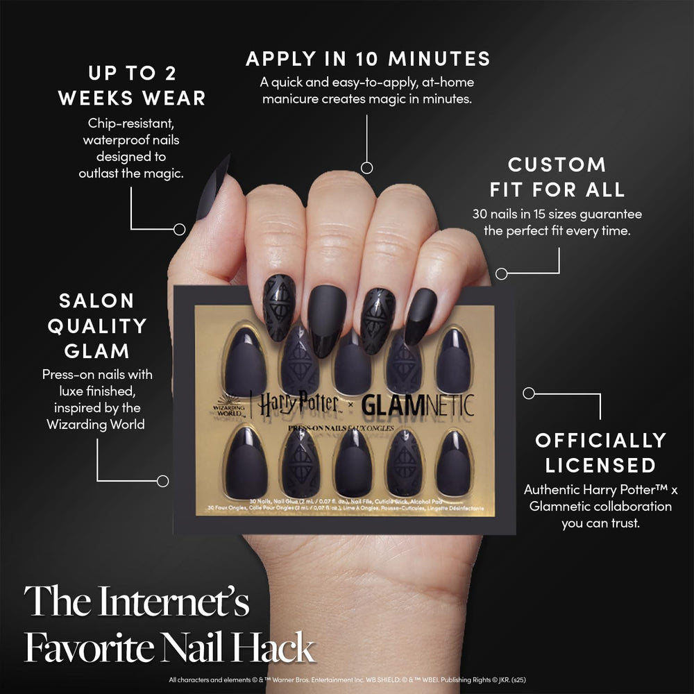 Glamnetic Deathly Hallows: uñas en forma almendra corta para uso diario.