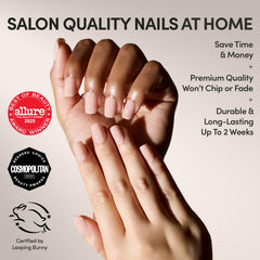 Glamnetic GlamZilla press-on nails with semi-transparent nude finish for natural look.