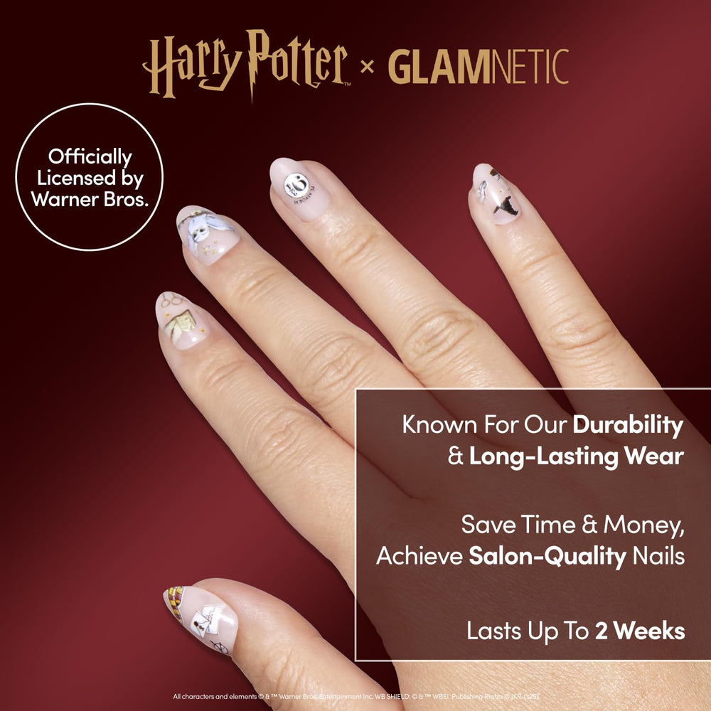 Glamnetic Hogwarts nails featuring glasses motif for stylish wizarding pride.