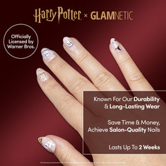 Glamnetic Hogwarts nails featuring glasses motif for stylish wizarding pride.
