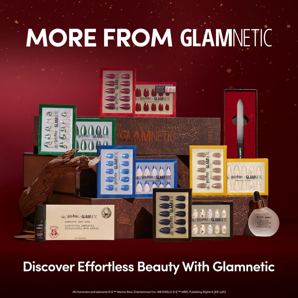 Glamnetic Hogwarts semi-transparent nails in glossy finish for durable wear.