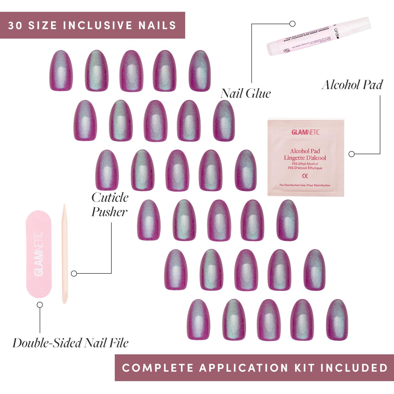 Glamnetic Berry Fizz: kit de 30 uñas con tallas variadas para ajuste perfecto.